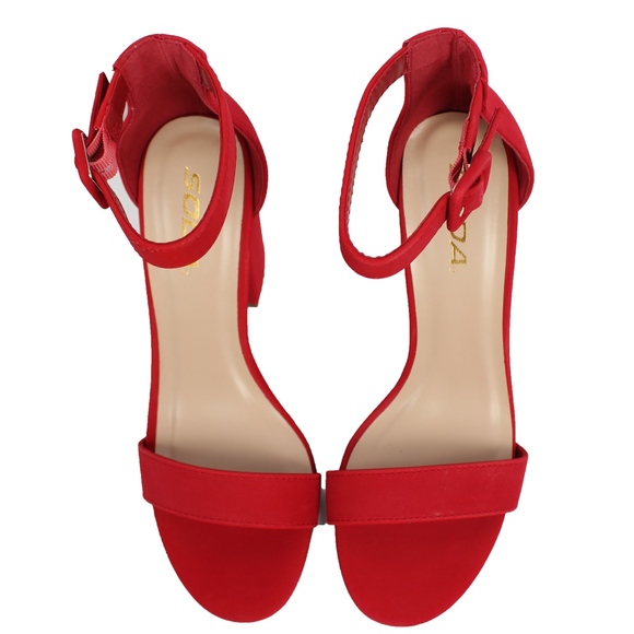 Red Faux Nubuck Leather Open Toe Ankle Strap Heel - Picture 4 of 6